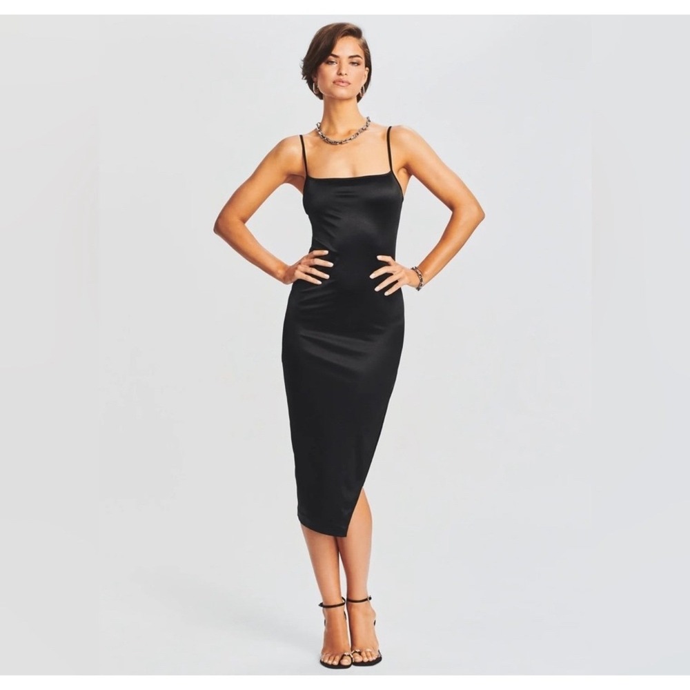 New! Ser.o.ya Birdie Midi Bodycon Dress Black Stretch Satin‎ Sz Small $295